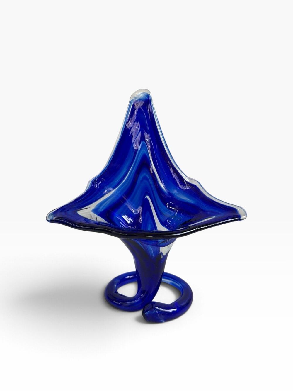 Vintage Art Glass Trumpet Coil Vase Cobalt Blue Swirl Blown 8.5”x7.5”x3.5”